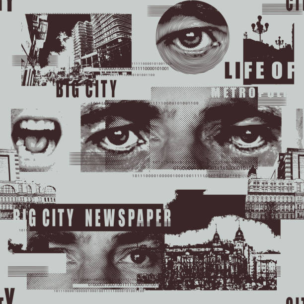 seamless pattern with human eyes and cityscapes vector art illustration