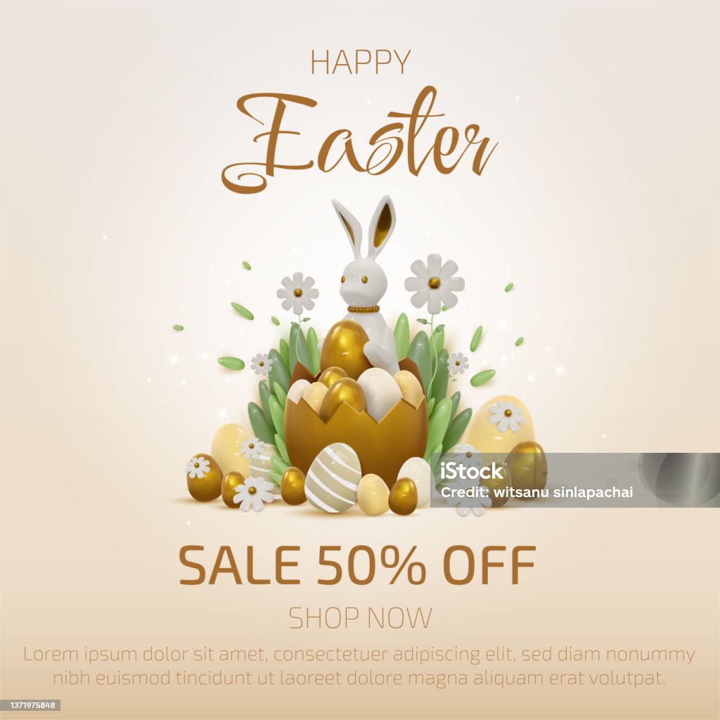 Coniglietto realistico 3D con elementi di uova di Pasqua in oro con decorazioni di fiori e foglie. - arte vettoriale royalty-free di Pasqua