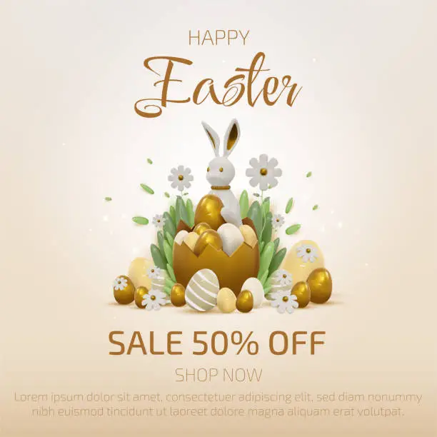 Vector illustration of 3d realistic bunny with gold easter egg elements with flower and leaf decorations.