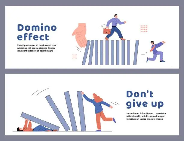 Vector illustration of Business people run from falling dominoes and try to prevent crises, horizontal posters, flat vector illustration.