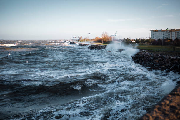 Strong winds from Malik at Western Harbor, Malmoe Sweden. stock photo