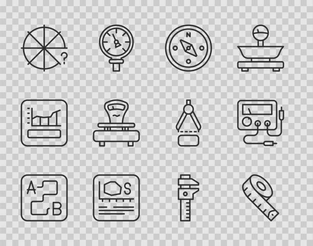 ustaw linię lokalizacja trasy, taśma pomiarowa, kompas, pomiar powierzchni, krąg elementów, wagi, suwmiarka lub zacisk i skala oraz multimetr, ikona woltomierza. wektor - micrometer stock illustrations