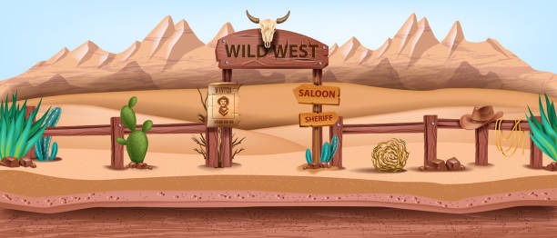 ilustrações de stock, clip art, desenhos animados e ícones de wild west landscape background, vector western desert illustration, game environment concept. - cowboy hat wild west hat wood