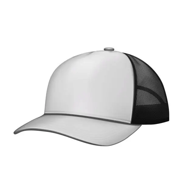 Vector illustration of Trucker hat isolated on white background - realistic vector mock-up. Mesh back cap mockup template for design