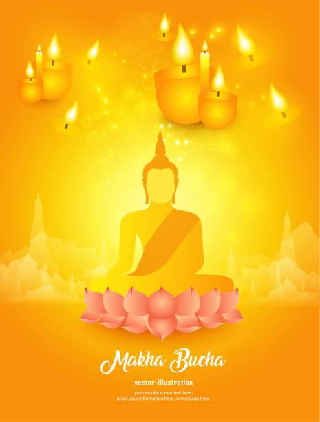 Candle and buddha statue sit the on pink lotus flower with temple shadow religion yellow vector background vector art illustration