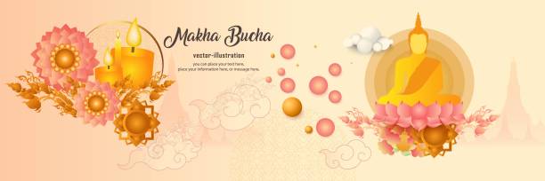 Thai pattern banner buddhist tradition and buddha statue sit the on lotus flower vector background vector art illustration