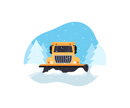 Snow plow truck cleans snow covered highway, flat vector illustration isolated on white background. Service vehicle drives through road after winter snowfall.