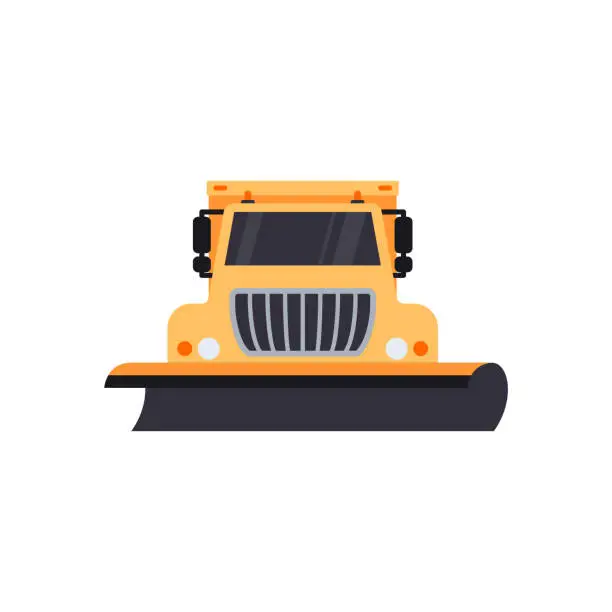 Vector illustration of Snowplow truck with blade for highway cleaning after snowstorm, flat vector illustration isolated on white background.