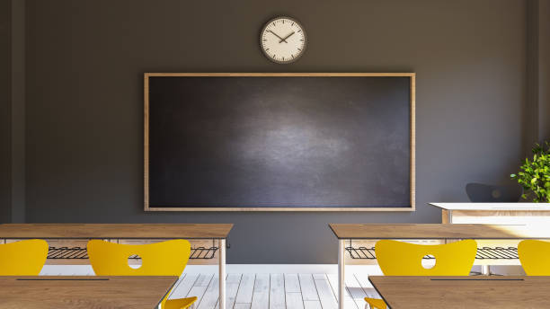 istock Empty interior of classic school classrooms with black chalk 3D rendering 1371982757