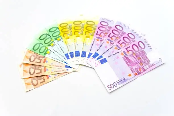 Fan of euro bills from 50 to 500 euros, on white background. This image is part of a money concepts series.