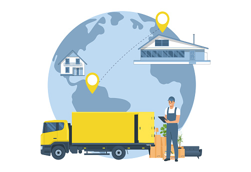 The concept of a service for moving anywhere in the world. Vector illustration.