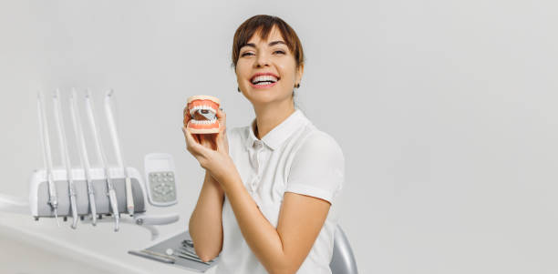 Smiling woman dentist with mock-up of human jaws on white background. Banner for dental theme. Concept of modern equipment for tooth treatment, professional clinic. Photo with free copy space Smiling woman dentist with mock-up of human jaws on white background. Banner for dental theme. Concept of modern equipment for tooth treatment, professional clinic. Photo with free copy space. dental hygienist stock pictures, royalty-free photos & images