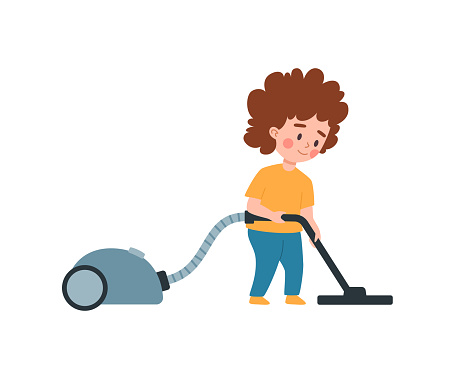 Boy vacuuming the floor and helping around the house, cartoon flat vector illustration isolated on white background. Home help and household chores for children.