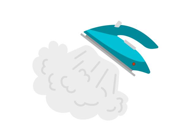 Smoothing-iron generating steam clouds, flat vector illustration isolated. Smoothing-iron generating steam clouds, flat cartoon vector illustration isolated on white background. Iron domestic household electric tool icon or symbol. iron steam stock illustrations