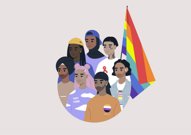 ilustrações, clipart, desenhos animados e ícones de um grupo diversificado de millennials modernos com uma bandeira do arco-íris desenhada em um círculo, pessoas vestindo sinais e símbolos da comunidade lgbtq - aids