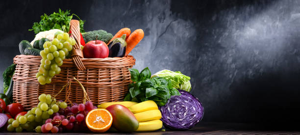 istock Composition with assorted organic vegetables and fruits 1371985431