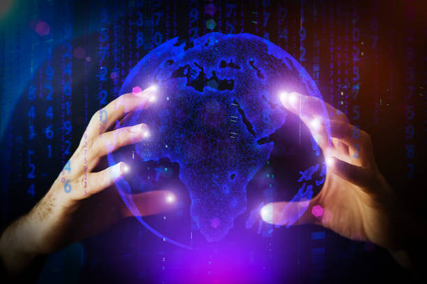 istock Global social and technology network communication concept. Businessman touches a global web map. Future, 5G, innovations and development background 1371985657