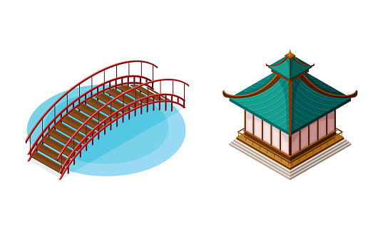 Wooden Bridge with Balustrade Railing and Pagoda as Asian Architecture Isometric Vector Illustration Set. Timber Traditional Structure Built in Oriental Style Concept