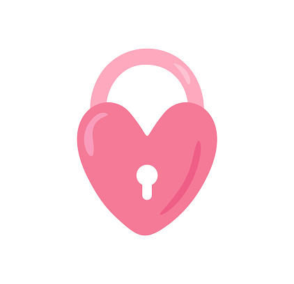 Cute pink hand drawn heart keep lock vector love icon for Valentines Day. Element for mobile concept and web design. Locked heart shaped padlock valentine. Symbol, logo illustration graphic.