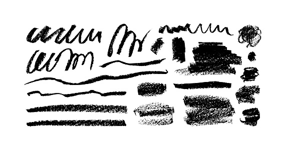 Charcoal pencil curly lines, stripes and bold shapes. Scribble brush strokes vector set. Hand drawn marker curved scribbles. Black pencil childish sketches. Brush stroke lines, squiggles, daubs.