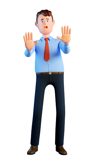 3d man scared. Office worker frightened gesture with hands. Refusal. 3d image. 3d render.