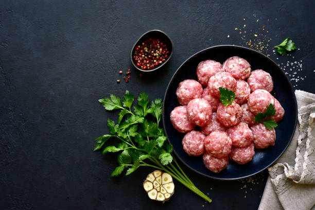 istock Homemade raw meat ball. Top view with copy space. 1371989113