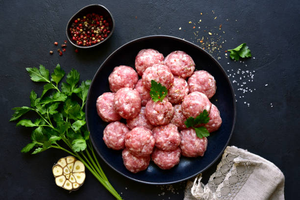 istock Homemade raw meat ball. Top view with copy space. 1371989219