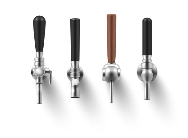 Collection realistic beer taps with brown and black handles different shape vector illustration Collection realistic beer taps with brown and black handles different shape vector illustration. Set different type equipment for bar pub isolated. Faucet for pouring beverage with stainless elements handle stock illustrations