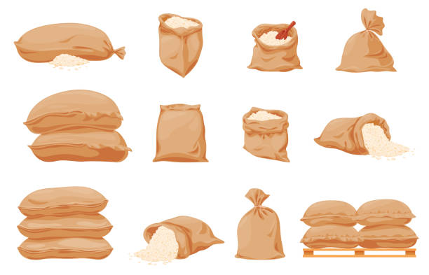 sammlung große textilsäcke von reisvektor flache illustration. set jutesäcke voller grütze - flour heap isolated brown stock-grafiken, -clipart, -cartoons und -symbole