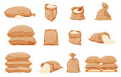 Collection large textile bags of rice vector flat illustration. Set of burlap sacks full of groats