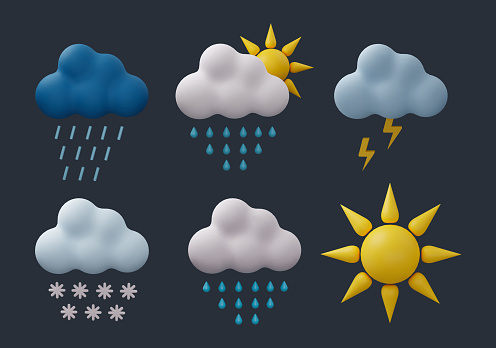 Different weather clouds illustrations set. Weather illustrations collection with rainy, snowy, storm clouds and sun. 3D weather illustrations collection.