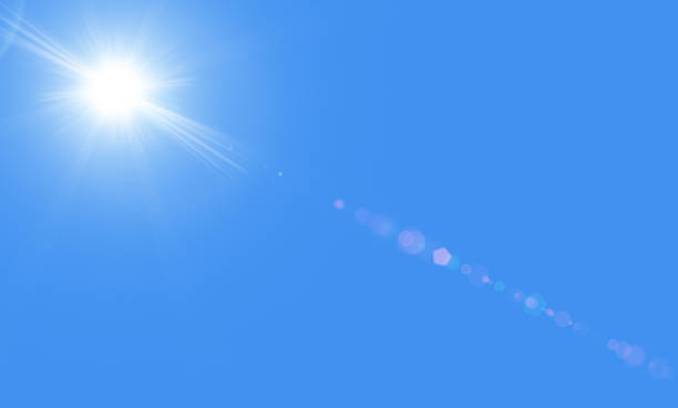 Sun in the blue sky with lensflare The bright white sun with rays against a blue sky without clouds.  Sun is in the upper left corner. There is a sunbeams with realistic lensflare representing heat and summer. There is a copyspace. brightly lit stock pictures, royalty-free photos & images