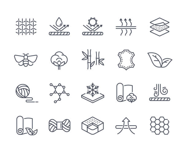 Set of linear icons related to fabrics Set of linear icons related to fabrics. Simple stickers with multi layered fabric, cotton, organic material, roll, skein of thread. Cartoon flat vector collection isolated on white background bamboo fabric stock illustrations