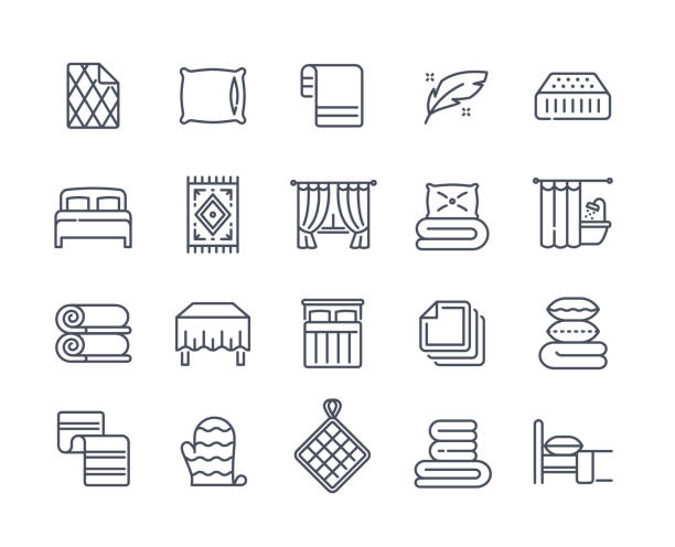 zestaw ikon liniowych związanych z tekstyliami domowymi - wrapped in a towel illustrations stock illustrations