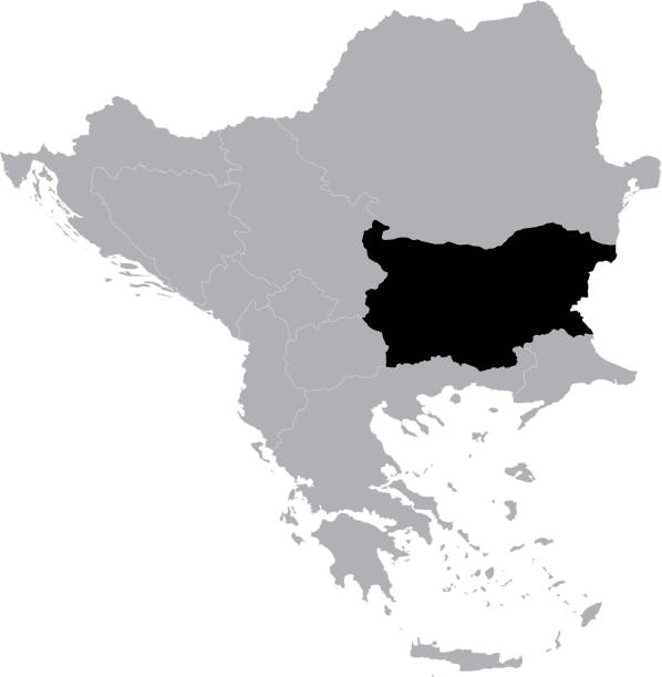 czarna mapa bułgarii na szarej mapie półwyspu bałkańskiego - bulgaria map balkans cartography stock illustrations