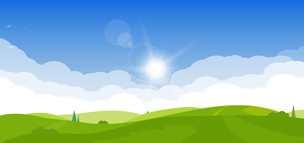 Rising sun above meadow. Trees and green grass on the hills. Sun with flare and blue sky background. Country background in cartoon style banner.