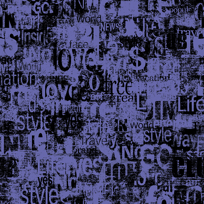 Abstract grunge urban geometric words, letters seamless pattern. Aged newspaper, magazine textured paper background. Purple black collage repeating texture. Print for textile, wallpaper, wrap paper.