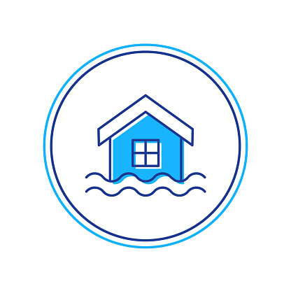 Filled outline House flood icon isolated on white background. Home flooding under water. Insurance concept. Security, safety, protection, protect concept. Vector.
