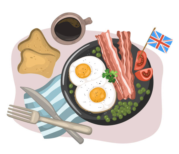 ilustraciones, imágenes clip art, dibujos animados e iconos de stock de desayuno nacional inglés de huevos revueltos con tocino, tostadas y café. la ilustración vectorial en estilo de dibujos animados se puede utilizar para menús, recetas, aplicaciones - meals on wheels illustrations