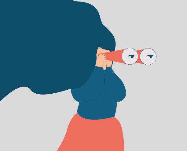 A young woman with flying hair looks through her big binoculars, looking for something far or watching someone. A girl is spying or people closely. Espionage, exploration concept. Vector illustration. Vector stock binoculars point of view stock illustrations