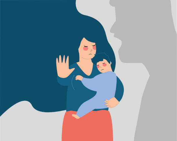 한 젊은 어머니가 위협과 고함을 지르는 남자의 그림자로부터 자녀를 보호합니다. 벡터 스톡 - domestic violence violence abuse family stock illustrations