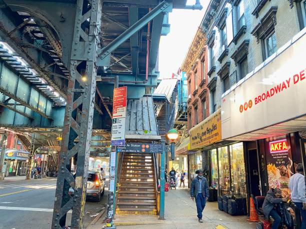 Brooklyn shopping on Marcy Avenue Brooklyn, NY, USA - Feb 21, 2022: Marcy Avenue shopping area under the J, M, J, subway platform warren street brooklyn stock pictures, royalty-free photos & images