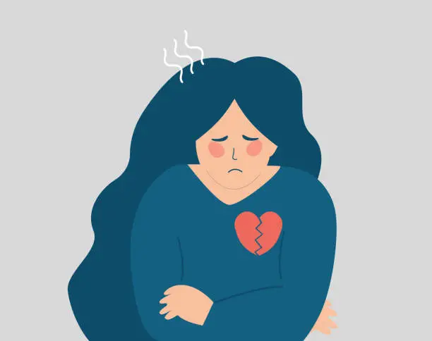 Vector illustration of Young woman with a broken heart looks stressed. Sad girl has problems in relationship with love heartache. Vector stock