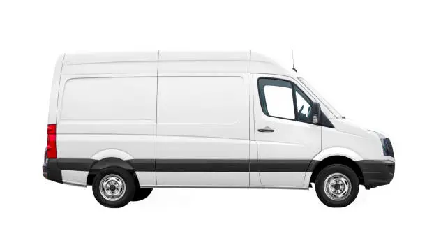 White delivery van with blank sides. Side view of a new white washed fresh modern van. One vehicle standing In front of a white background. Please stick on your own advertising and drive it off!