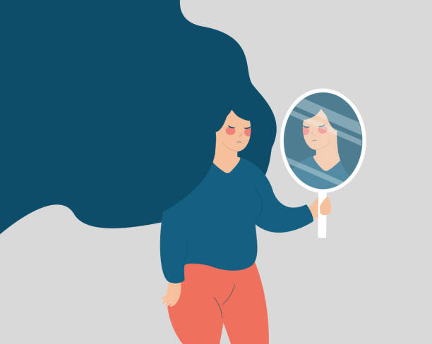 Young woman looks on her reflection in the mirror in a sad way. stressed Girl holding a mirror and looks upset. Vector stock Mental health illness, depression, stress, lack of confidence, Body Dysmorphic Disorder concept eating disorder stock illustrations