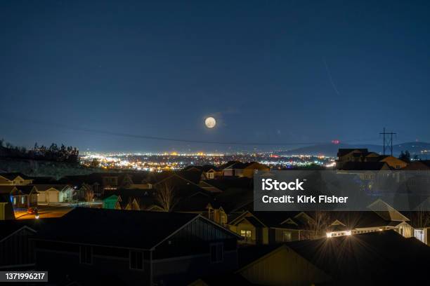 View Of Downtown Spokane And The Spokane Valley Illuminated At Night From A Hilltop Housing Development In Liberty Lake Washington Usa Stock Photo - Download Image Now