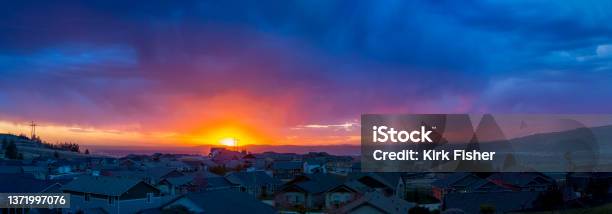 Panoramic View From A Hilltop In Liberty Lake Overlooking The Cities Of Spokane And Spokane Valley Washington Usa Under A Colorful Sunset Stock Photo - Download Image Now