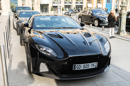Paris, France - 13 February 2022: An Aston Martin DBS parked in a street of Paris, France