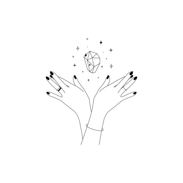 Magic hands with healing crystal in trendy linear minimal style. Logo and icons design template for cosmetics or beauty products and packaging branding name. Doodle vector illustration Magic hands with healing crystal in trendy linear minimal style. Logo and icons design template for cosmetics or beauty products and packaging branding name. Doodle vector illustration. dream believe tattoo stock illustrations
