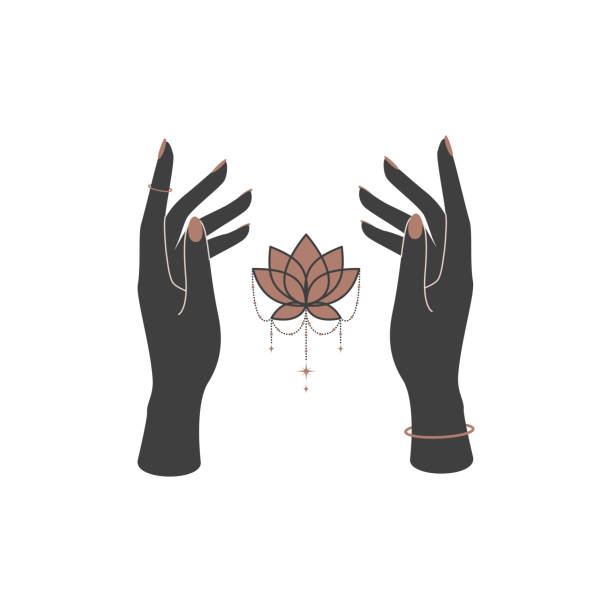 волшебные руки с цветком небесного лотоса в модном стиле бохо. черно-золотой алхимический символ для брендинга или логотипа и эмблемы. эзот - lotus spa treatment health spa women stock illustrations